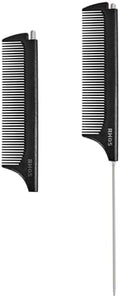 RHOS Carbon Retractable Rat Tail Comb for Parting and Styling, Hair Cutting and Braiding - Stainless Steel Pin Tail Comb, Black by RHOS