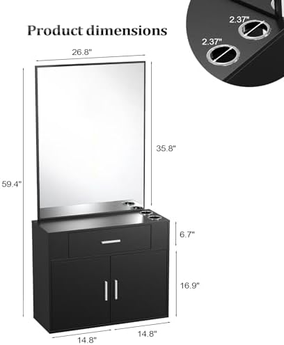 OmySalon Wall Mount Salon Station with Mirror, Hair Styling Barber Station, Beauty Salon Spa Equipment with 1 Drawer, 1 Storage Cabinet, 2 Hair Dryer Holders, Black - Image 3