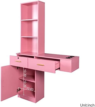 KIMAKA Wall Mount Barber Stations, Modern Simple Hair Styling Salon Equipment W/ 3 Open Shelves, Lockable Left Shelf (Pink) - Image 4