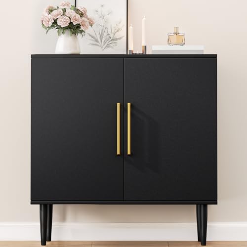 Vrullu Modern Storage Cabinet, Freestanding Buffet Cabinet with Adjustable Shelf, Black Sideboard and Buffet Storage, Wood Accent Furniture for Living Room, Hallway, Entryway, Dining Room (4, Black) - Image 7