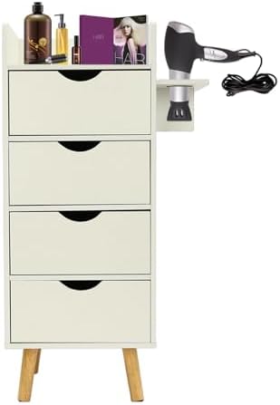 Salon Storage Cabinet with 2 Hair Dryer Holder, Barber Storage Cabinet Hair Stylist Station with 4 Drawers and Raised Table Legs for Beauty Spa Barber Shop (White) by HuaShuani