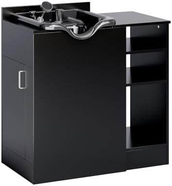 OmySalon Salon Station, Shampoo Bowl with Cabinet, Freestanding Backwash Sink with Adjustable Shelf, UPC Certified Faucet, for Spa Beauty, Barber, Home, Black - Image 3