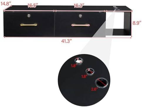 Wall Mount Salon Stations for Hair Stylist, Barber Station with 3 Hair Dryer Holes and 2 Lockable Drawers with Lock, Floating Makeup Vanity for Spa Barber Shop, Room, Beauty Salon, Bathroom (Black) - Image 3