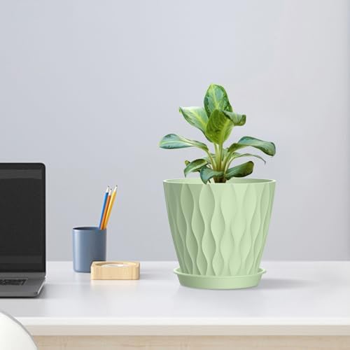 Meowell 6 inch Plant Pots, 5 Set Water Ripples Flower Pots for Indoor Outdoor Plants, Plastic Planters with Drainage Holes and Saucers, Nursery Pots for Small Succulent Garden House Plants, Green - Image 5
