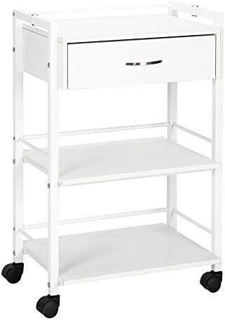 Salon Trolley Cart with Wheels, Wooden Rolling Storage Station, Mobile Utility Cabinet with 1 Drawer 2 Trays, Medical Esthetic Supply for Beauty SPA Massage Tattoo Facials, White by OmySalon
