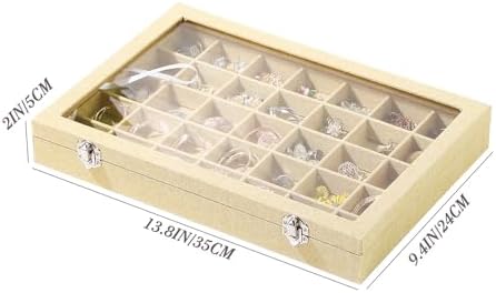 Coward Ring Earring Jewelry Organizer Box, 35 Grids Dustproof Display Holder Case, Yellow Linen Velvet Jewelry Bead Display Tray Case with Transparent Glass Lid for Momen Girls - Image 6