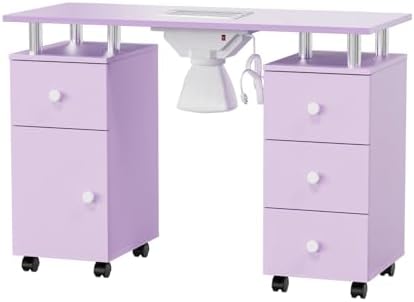OmySalon Manicure Table Nail Desk for Nail Tech, Nail Table Station w/Electric Dust Collector, Makeup Storage for Beauty Salon Acetone Resistant w/Lockable Wheels,Wrist Cushion,Drawers,Cabinet,Purple by OmySalon