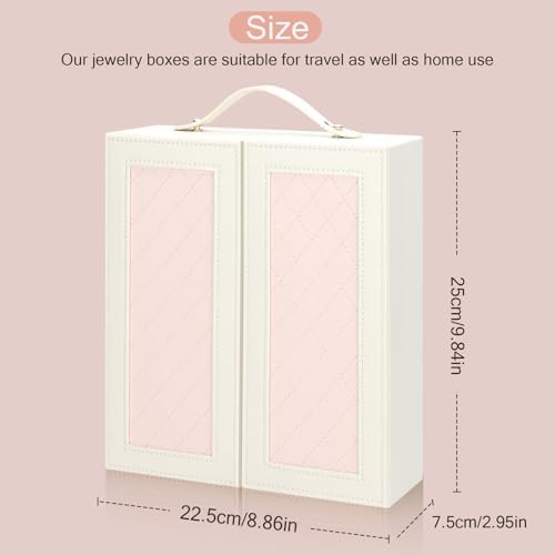 DesignSter Jewelry Box for Women, Jewelry Storage with Mirror, Travel Jewelry Organizer with Handle for Stud Earrings, Rings, Necklaces, Bracelets(Beige & Pink) - Image 2
