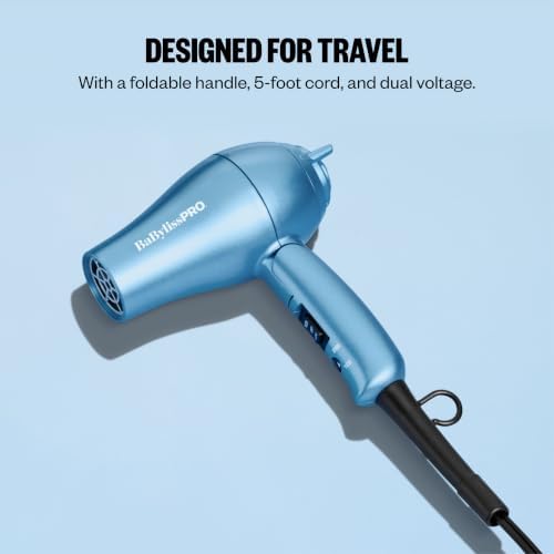 BaBylissPRO Nano Titanium Travel Hair Dryer, 1000 Watt Professional Blow Dryer with Concentrator Nozzle, Foldable Handle, Dual Voltage - Image 6