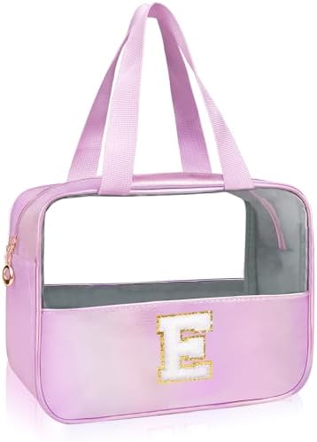 Personalized Initial Clear Makeup Bag Purple Cosmetic Bag Set Large Travel Toiletry Bag, Cute Clear Make Up Bags Organizer Bag for Girlfriend Teacher Gifts Teen Girl Gifts Trendy Stuff E (Purple) by junesters