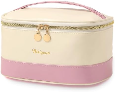 Two-tone Travel Makeup Bag, Watrproof Toiletry Organizer, Beige Purple by Meiyuuo