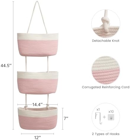 TeoKJ Over the Door Hanging Storage Basket 3 Tier Wall Organizer White&Pink - Image 5
