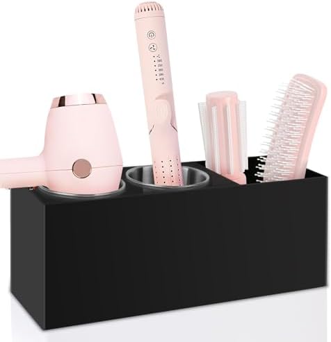 Hair Tool Organizer, Hair Dryer Holder with Heatproof Steel Cups, Acrylic Vanity Organizer for Curling Iron, Flat Iron & Hair Brushes, Perfect for Bathroom (Black, Standard) by Bollmside