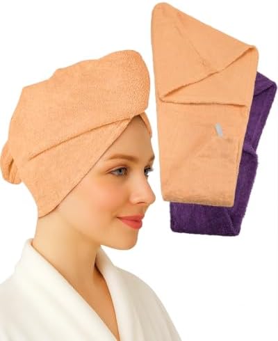 Textila 100% Cotton Hair Wrap Towels for Women, (Pack of 2 - Plum & Peach) Head Towel Cap, Cotton Hair Turban Towel Wrap for Long Curly Anti Frizz Hair, Soft and Absorbent Cotton Hair Towel by TEXTILA