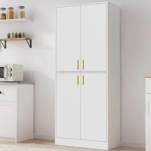 Cozy Castle Kitchen Pantry Cabinet, 71" Tall Wood Storage Cabinet with Doors and Shelves 4 Doors Freestanding Cupboard for Dining Room Living Room Furniture, White by CozyCastle