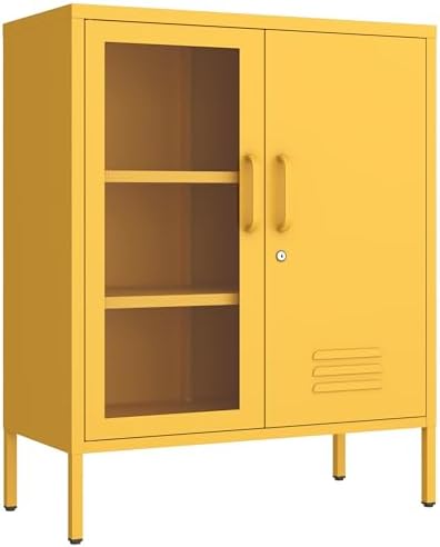 Yellow Food Storage Cabinet with Lock, 2-Door Steel Cabinet, 2 Adjustable Shelves, Metal Pantry Locker Freestanding Kitchen Storage Locker for Dining Room Living Room Size:33" H X 29.5" W X 13.8" D by HOME
