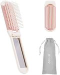 RHOS Folding Brush with Mirror for Women, Girls - Mini Hair Brush for Purse, Small Pocket Brush with Soft Nylon Bristles and Mirror for Travel (Beige) by RHOS