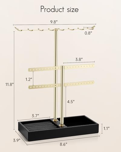 VLANDO 2 Tier Jewelry Stand Organizer with Tary, Leather Jewelry Holder Display for Women, Gold Jewlery Holder Stand for Necklace, Earring, Bracelet, Rings - Black - Image 2