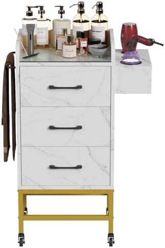 Salon Storage Trolley Cart with Glass Top, Rolling Barber Station (White) by Oakvera