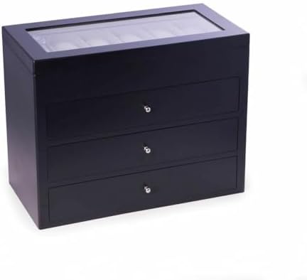 Bey-Berk Stanley 48 Slot Watch Box (Black), Matte Wood Watch Storage Chest with Glass Top, 3 Drawers & Velour-Lined Cushions by Bey-Berk
