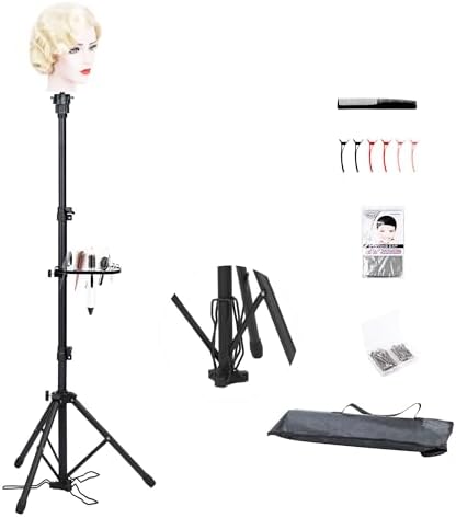 Klvied Wig Stand Tripod Adjustable Mannequin Head Stand with Foot Panel, Reinforced Metal Wig Head with Tool Tray for Cosmetology Hairdressing Styling Training by Klvied