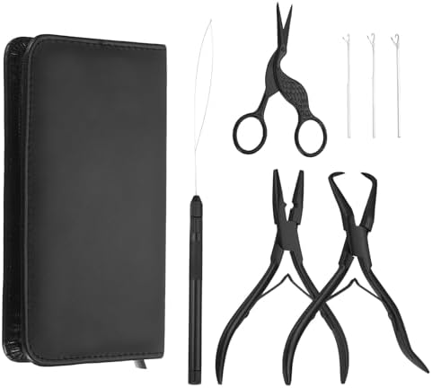 HARFINGTON Hair Extension Beading Tool Kit Stainless Steel Hair Extensions Micro Link Bead Closer and Remover Pliers Micro Ring Loop Needle Pulling Hook and Cutting Scissors, Black by HARFINGTON