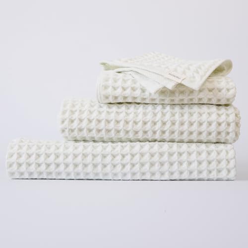 Luxury Organic Japanese Cotton Waffle Bath Towel | Thick, Absorbent, Quick Dry Bathroom Towels for Shower, Sauna, Onsen| Hotel & Spa Quality, Gift-Ready (Shell White, Complete Set (4-Piece)) by KOSMU