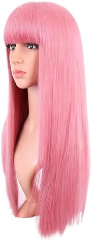 MapofBeauty 24 Inch Long Straight Flat Bangs Party Cosplay Wig, Light Pink - Image 3