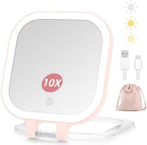 7" Travel Makeup Mirror with Lights & 1X/10X Magnifying Vanity Mirror-Pink by DESCHEN