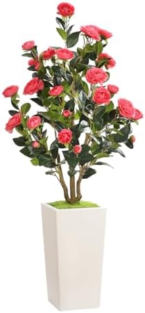 Romantic Season 4FT Artificial Camellia Tree with White Tall Planter, Pink Faux Camellia Plant Flower Tree for Modern Home Office Living Room Floor Décor Outdoor Indoor，Pink by RomanticSeason