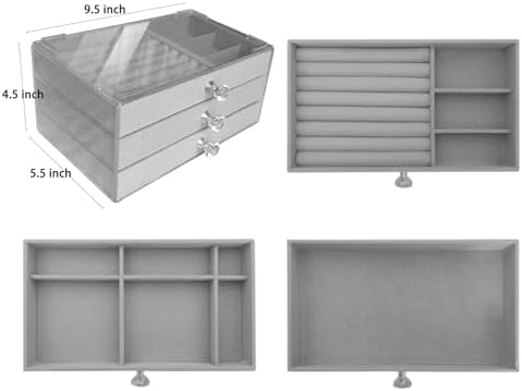 Clear Acrylic Velvet Jewelry Organizer with 3 Drawers, Stackable Display Storage Earrings Necklace Rings Bracelets Box Holder Case for Women, Grey - Image 5