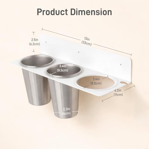 Hair Tool Organizer Wall Mount, Aluminum Alloy Curling Iron Holder Wall Mount, Hair Dryer and Straightener Holder with 2 Stainless Steel Cups 3-in-1 Storage for Bathroom Vanity Salon White PTALSEAW - Image 5