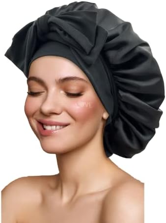 Satin Silk Hair Bonnet for Sleeping Large Bonnets with Tie Band Wrap with Adjustable Straps Night Sleep Caps for Women Curly Braid Hair Hair Black by GiLi