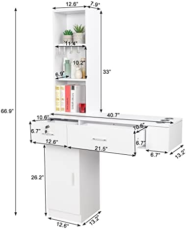 OmySalon Wall Mount Barber Stations, Salon Stations for Hair Stylist, Hair Styling Equipement Set with a Storage Cabinet, 2 Drawers and a 3 Tier Shelf (White) - Image 3