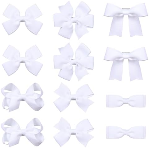 3-inch White Grosgrain Ribbon Hair Bows for Girls,12 pcs Handmade Alligator Clip Barrettes for Toddlers Kids Teens Babies,Her Everyday Hair Accessories,Secure Non-Slip Styling in Pairs by KCHIES-AccessoryCollection