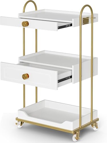 Barber Salon Trolley Cart w/Lockable Wheels, 3-Tier Rolling Beauty Cart with 2 Drawers & Dryer Holder, Mobile Beauty Trolley for Beauty Spa Barbershop(White-New) by TTGIEET