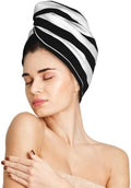 Black and White Stripe Hair Towel Wrap Microfiber Fast Drying Hair Turban with Buttons for Women Men Drying Curly, Long & Thick Hair by DecorateYourLife