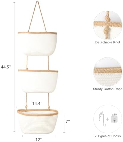 TeoKJ Over the Door Hanging Storage Basket Wall Organizer White&Dark Brown - Image 2