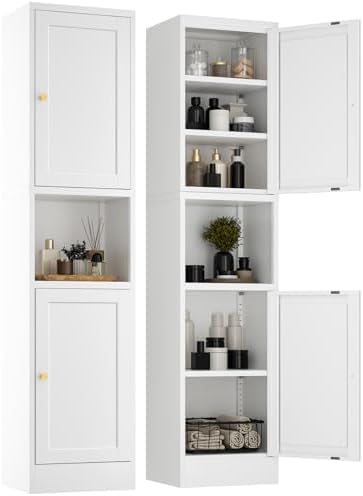 YAUWOH 2-Door Metal Storage Cabinet, Tall Slim Pantry Organizer with 3 Adjustable Shelves (120LBS/Shelf), Anti-Tipping Waterproof Cabinet for Bathroom/Kitchen/Home Office/Small Spaces, (1PC,White) by YAUWOHFactoryOutletsColorfulMetalFurniture