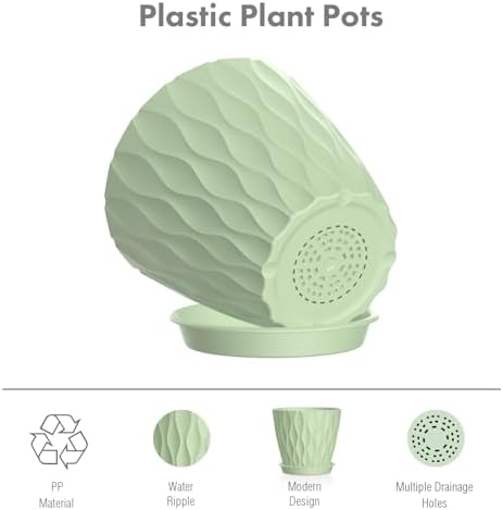 Meowell 6 inch Plant Pots, 5 Set Water Ripples Flower Pots for Indoor Outdoor Plants, Plastic Planters with Drainage Holes and Saucers, Nursery Pots for Small Succulent Garden House Plants, Green - Image 4