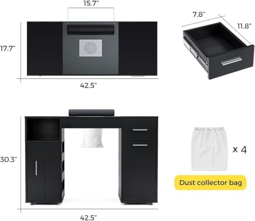 Manicure Table with Dust Collector, Glass Top and Wheels (Black) - Image 3