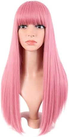 MapofBeauty 24 Inch Long Straight Flat Bangs Party Cosplay Wig, Light Pink by MapofBeauty
