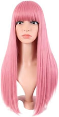 MapofBeauty 24 Inch Long Straight Flat Bangs Party Cosplay Wig, Light Pink by MapofBeauty