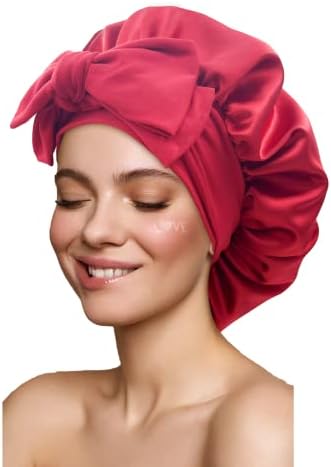 Satin Bonnet Silk Hair Bonnet for Sleeping Large Bonnets with Tie Band Wrap with Adjustable Straps Cap Night Sleep Caps for Women Curly Braid Hair Wine Red by GiLi