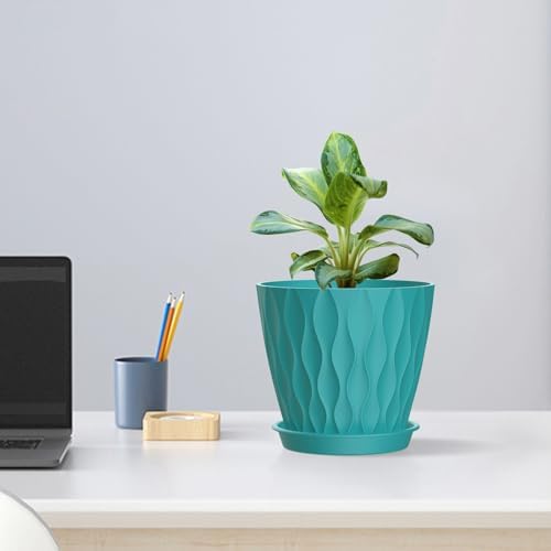 Meowell 6 inch Flower Pots, 5 Pack Plant Pots for Indoor Plants, Water Ripples Plastic Planters with Drainage Holes and Saucers, Nursery Pots for Small Succulent Garden House Plants, Blue Green - Image 5