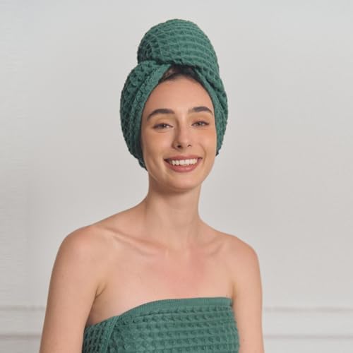 Luxury Organic Japanese Cotton Hair Drying Waffle Towel Wrap for Women | Absorbent, Quick-Dry Head Turban for Shower, Sauna, Spa | Extra Large for Long, Curly, Straight Hair With Button (Green, 2 Pc) - Image 6