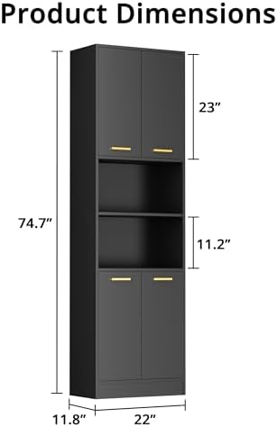 Cozy Castle Kitchen Pantry Cabinet, 75" Tall Wood Storage Cabinet with Doors and Shelves, 4 Doors Open Countertop Utility Hutch Cupboard for Dining Room Living Room Bathroom Furniture, Black - Image 2