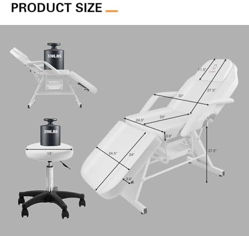 Facial Chair,73″ Tattoo Chair for Client,3-Section Adjustable Massage Table with Stool,Multipurpose Beauty Beds Salon Equipment for Esthetician,Tattooshop,Spa (White) - Image 3