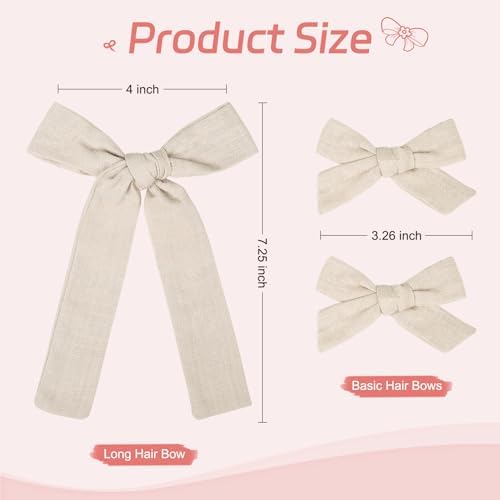 DEEKA Beige Cotton Linen Hair Bows 2 Sizes 5"&3.5" Soft Hair Bow set for Toddler Girls Long Ponytail Knot Bows Alligator Clip Hair Accessories for Little School Girls (Beige) - Image 3