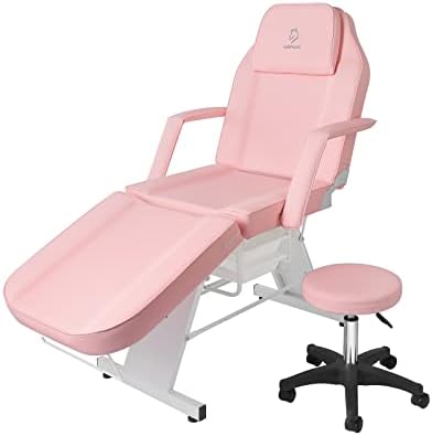 Facial Chair,73″ Tattoo Chair for Client,3-Section Adjustable Massage Table with Stool,Multipurpose Beauty Beds Salon Equipment for Esthetician,Tattooshop,Spa (Pink) by LUXMARS